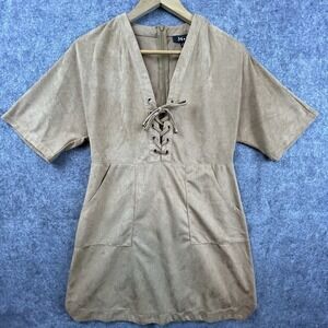 36.5 Dress Medium Tan Faux Suede Lace Up Front Boho Chic Earthy‎ Festival